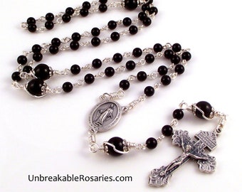 Miraculous Medal Rosary Beads In Black Onyx With Pardon Crucifix by Unbreakable Rosaries