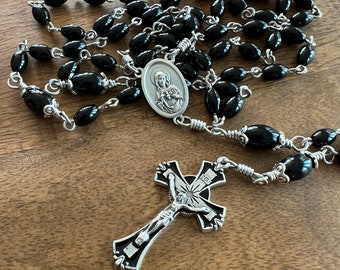 Sacred Heart of Jesus Rosary Beads, Oval Onyx w Immaculate Heart of Mary and Black Enamel Italian Crucifix by Unbreakable Rosaries