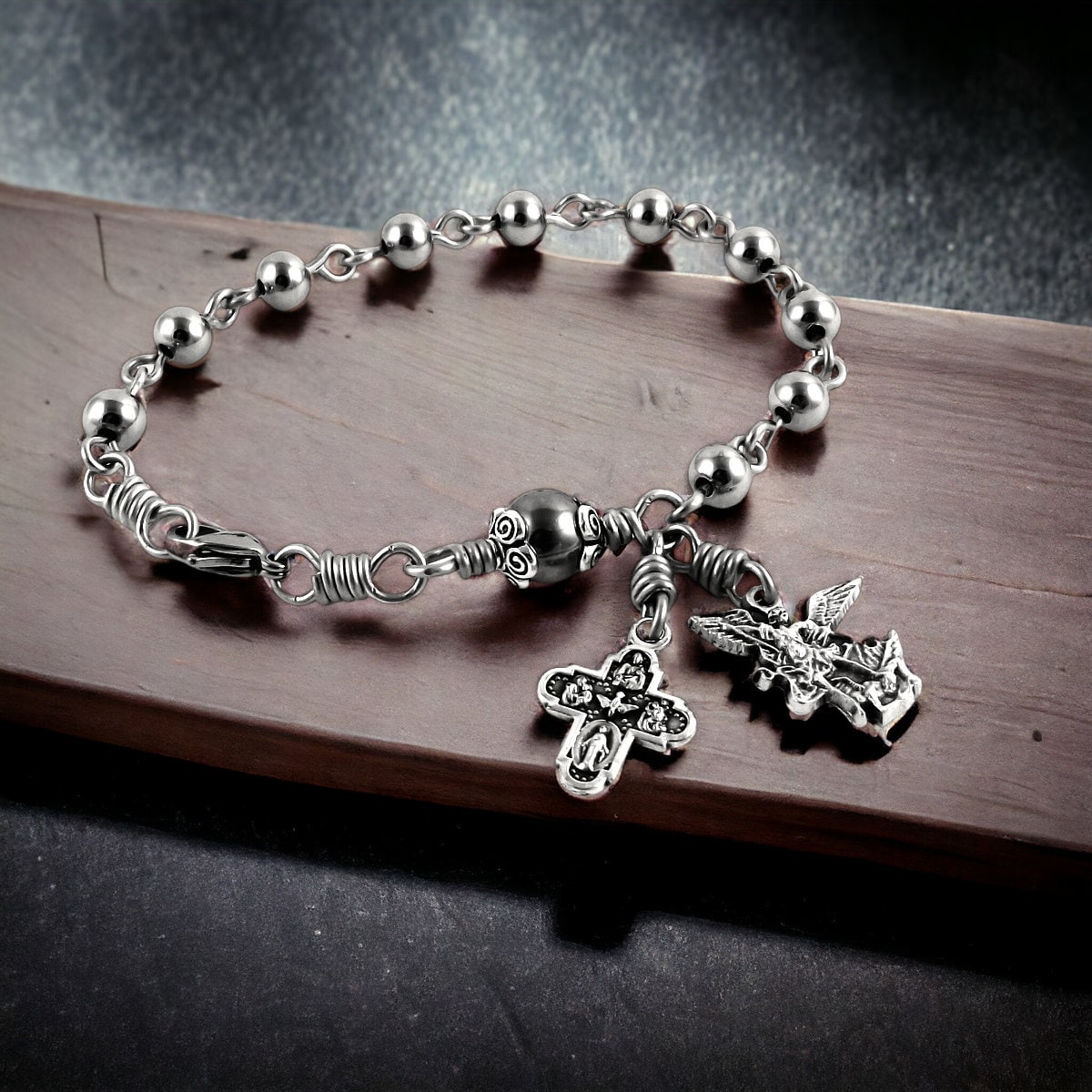 Stainless Steel Rosary Bracelet - Etsy Italian 18K Gold -925 Sterling Silver Natural Black Spinel Rosary Cross Bracelet main image 0