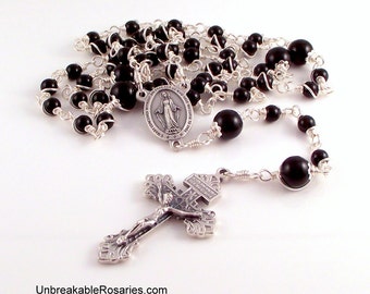 Miraculous Medal Wire Wrapped Rosary Beads In Black Onyx, Made To Order by Unbreakable Rosaries