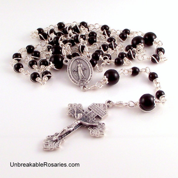 Miraculous Medal Wire Wrapped Rosary Beads In Black Onyx, Made To Order by Unbreakable Rosaries