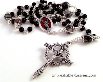 St Michael Rosary Beads Black Onyx w Black Line Jasper and Nail Crucifix by Unbreakable Rosaries