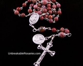 Sacred Heart of Jesus Rosary Chaplet in Portuguese Agate, Virgin Mary, Italian Hearts Crucifix  by Unbreakable Rosaries