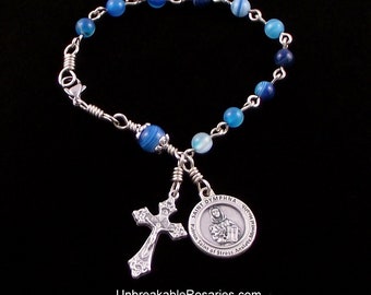 Saint Dymphna Rosary Bracelet In Striped Blue Agate Patron of Stress, Anxiety and Mental Health