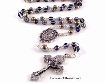 Virgin of Guadalupe Rosary Beads In Sapphire Marea Czech Glass Beads By Unbreakable Rosaries