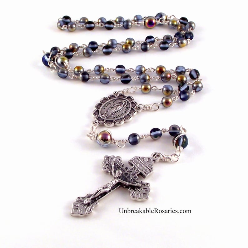 Virgin of Guadalupe Rosary Beads In Sapphire Marea Czech Glass Beads By Unbreakable Rosaries image 1