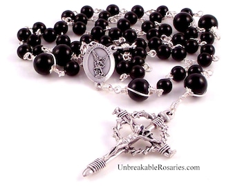 St Michael The Archangel Rosary Beads For Men in Black Onyx  with Nail Crucifix by Unbreakable Rosaries