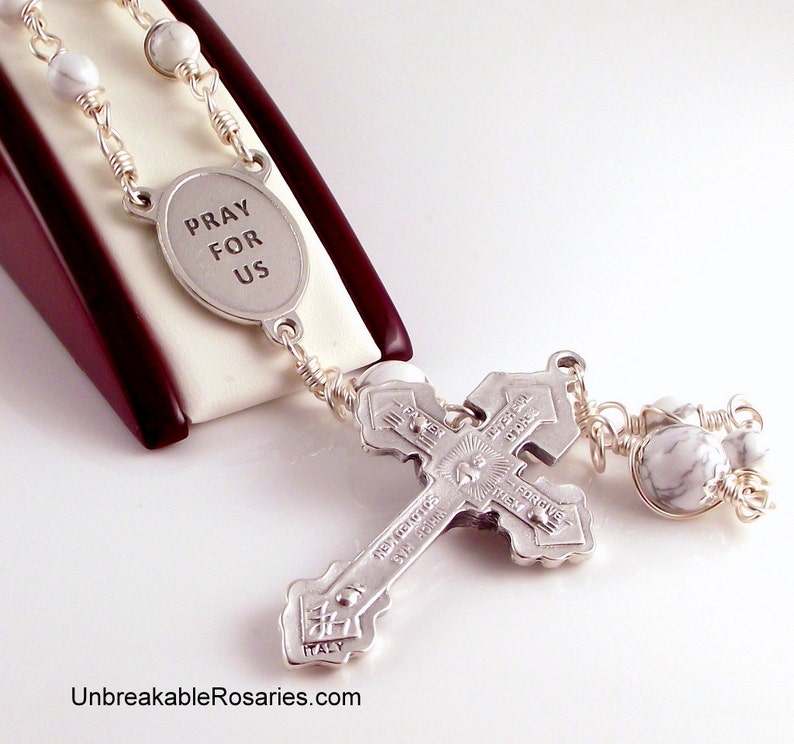Miraculous Medal Rosary Beads In White Magnesite Wire Wrapped by Unbreakable Rosaries image 4