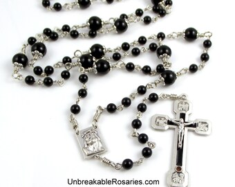 Stations of The Cross Rosary Beads, Way of The Cross Rosary in Black Onyx with Evangelist Stations Relic Crucifix by Unbreakable Rosaries