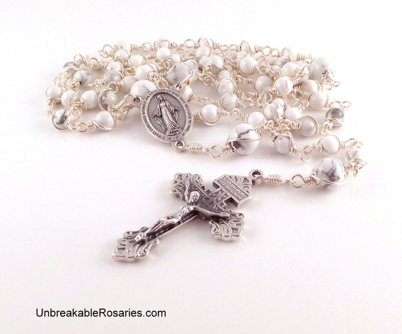 Miraculous Medal Rosary Beads In White Magnesite Wire Wrapped by Unbreakable Rosaries image 1