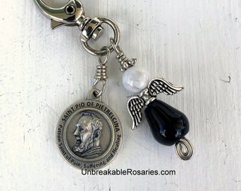 Healing Saint Angel Charm, Backpack, Purse, Saint Padre Pio Medal, Patron Saint of Those In Need of Healing