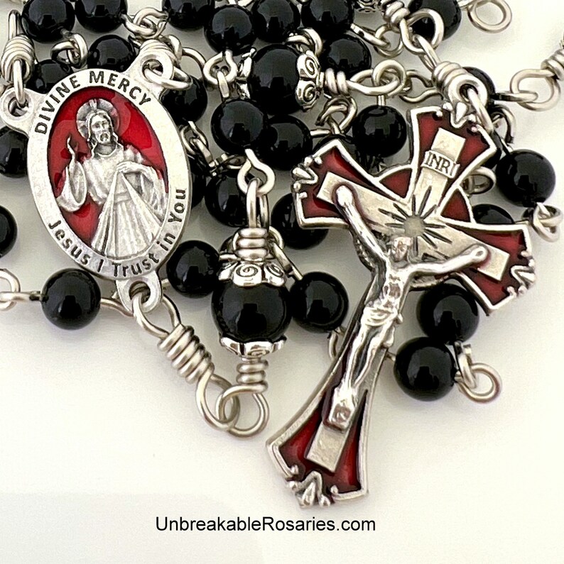 Rosary Beads Divine Mercy of Jesus, Sister Faustina Onyx Beads w Red Enamel Italian Medals by Unbreakable Rosaries image 6