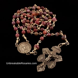 Bronze Holy Face of Jesus Rosary Beads in Portuguese Agate with 3-Way Italian Pardon Crucifix by Unbreakable Rosaries