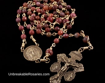 Bronze Holy Face of Jesus Rosary Beads in Portuguese Agate with 3-Way Italian Pardon Crucifix by Unbreakable Rosaries