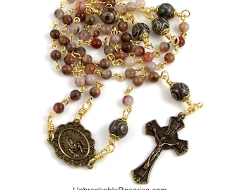 Bronze Virgin of Fatima Rosary in Aqua Nueva Jasper and Tibetan Agate w Italian Medals by Unbreakable Rosaries