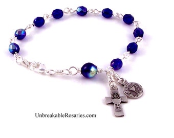 Holy Communion Rosary Bracelet Fire-Polished Blue Czech Glass w Chalice  by Unbreakable Rosaries