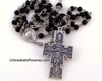 Sacred Heart of Jesus Onyx Rosary Beads with Saint Michael the Defender Orthodox Crucifix by Unbreakable Rosaries