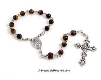Sacred Heart of Jesus Rosary Chaplet w Immaculate Heart Virgin Mary in Golden Brown Tiger Eye w Italian Medals by Unbreakable Rosaries