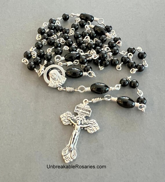 Black Onyx Unbreakable Rosary Beads: Virgin Mary, Sacred Heart
