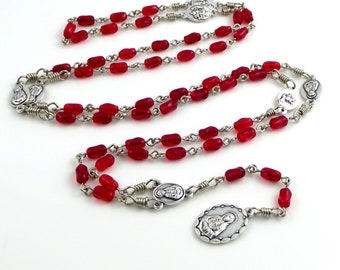 Seven Sorrows of Mary Servite Rosary Beads In Red Czech Glass Twisted Oval Beads by Unbreakable Rosaries