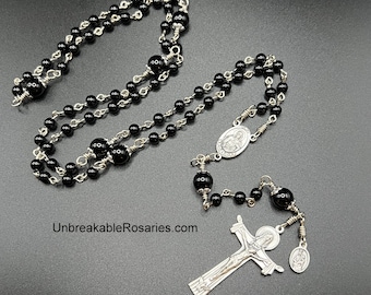 Unbreakable Six Decade Brigittine Carmelite Rosary Beads In Black Onyx w Holy Trinity Crucifix and Sacred Heart Italian Medals