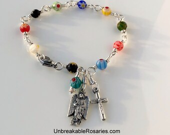 St Gabriel The Archangel Rosary Bracelet In Wire Wrapped Rainbow Millefiori Glass by Unbreakable Rosaries