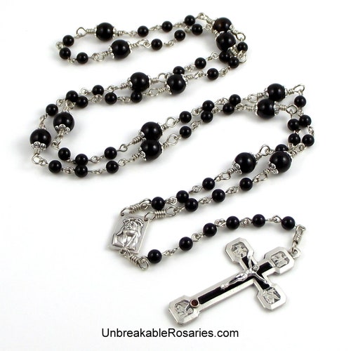 Stations of The Cross Rosary Beads, Way of The Cross Rosary in Black Onyx with shops Evangelist Stations Relic Crucifix by Unbreakable Rosaries