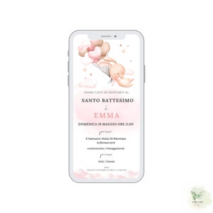 May include: A digital invitation for a baptism, displayed on a smartphone. The design features a watercolor illustration of a bunny floating with balloons in shades of pink and beige. Text includes the event details and RSVP information.