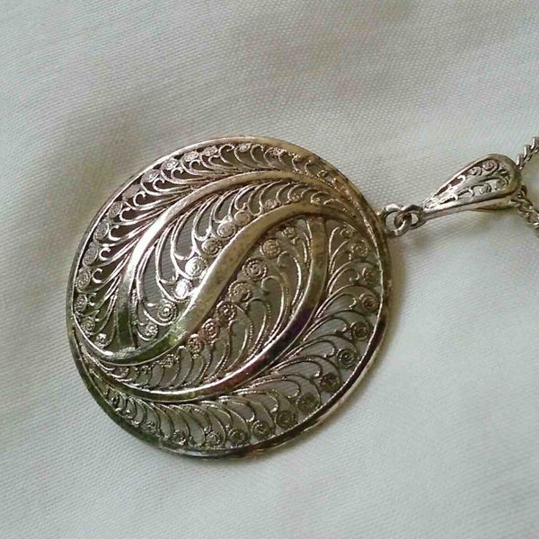 Vintage Seventies Round Filigree #835 Sterling Circular Medallion on Short Mixed Metals Chain