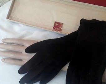 Vintage Fifties Dark Brown Gloves by ARIS Creations in Original Bullocks Gift Box with Logo / Mid Century Aquaris Gloves Size 5 3/4"