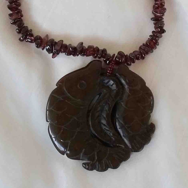 Vintage Early Nineties Garnet Cluster Beaded Necklace with Carved Double Fish Circle Pendant / Chunky Jewelry with Silver Hardware