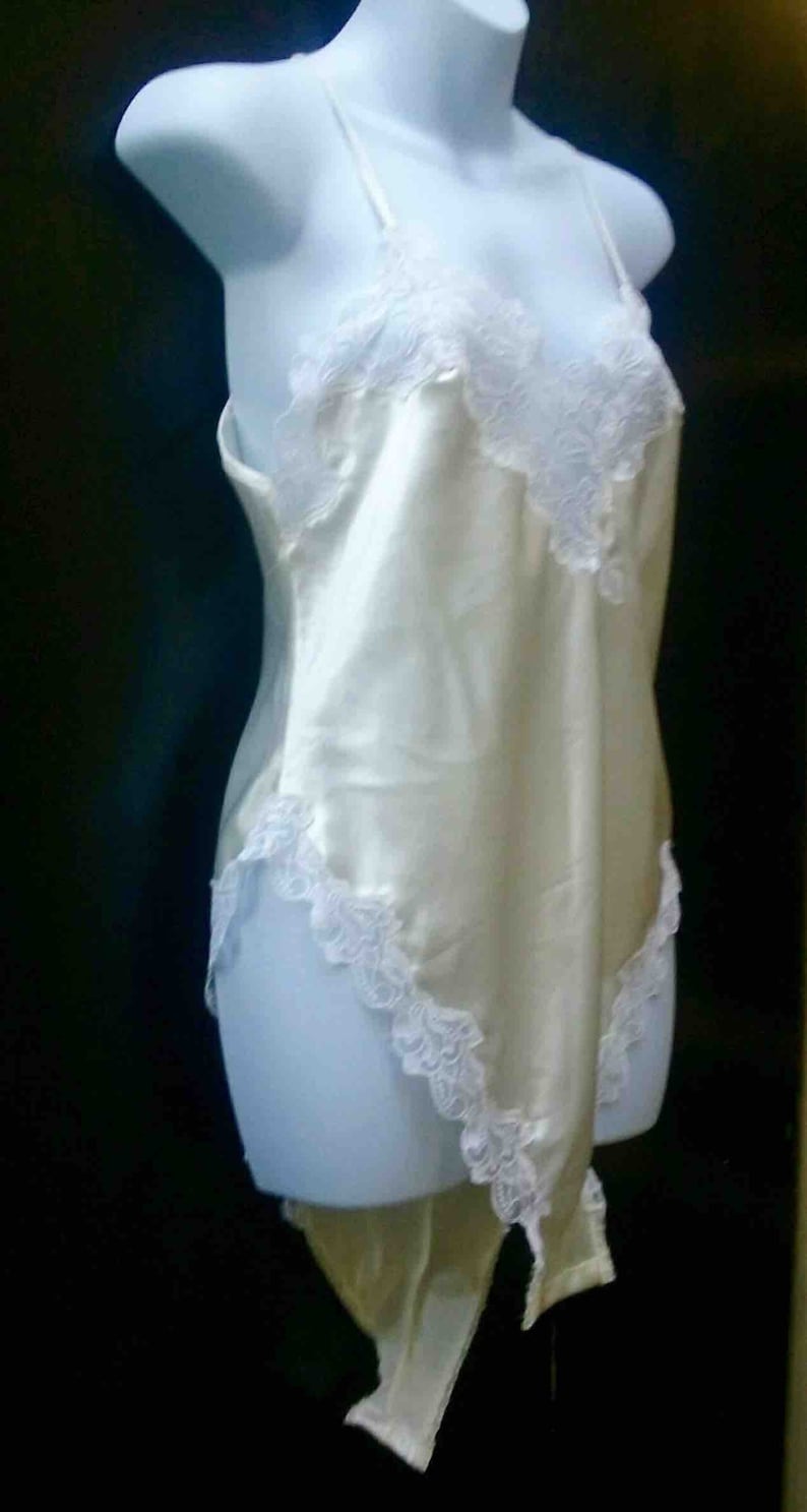Vintage Nineties Ivory Satin Teddy with Lace Trim from Victorias Secret Size L Lingerie