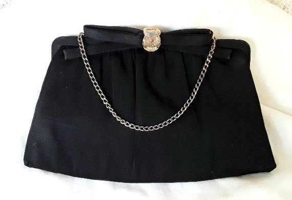 Vintage Fifties Small Black Satin Semi Formal Hand Bag With Sleek