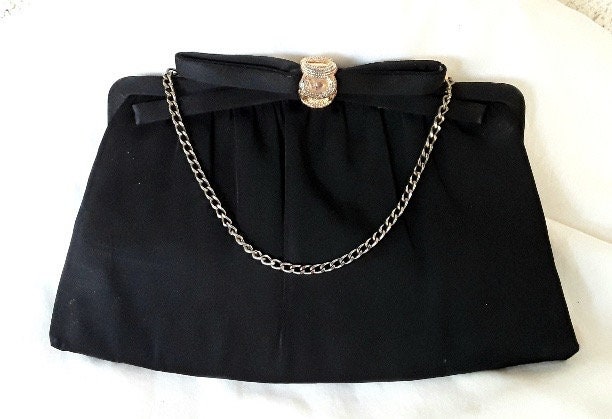 Vintage Fifties Small Black Satin Semi Formal Hand Bag With 