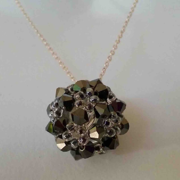 Vintage Nineties Black Crystal and Bead Ball on Delicate Silver Tone Chain / Crystal Ball Pendant