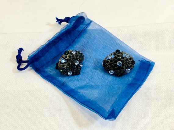 Shades of Blue Rhinestone Earrings Clip On Vintag… - image 3