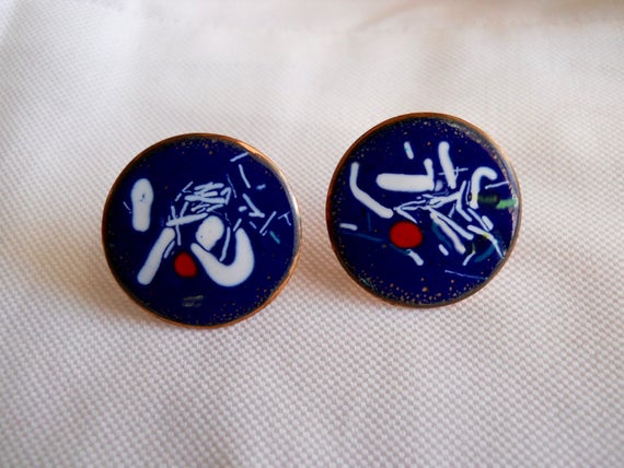 Vintage 1950s 50s Blue Button Earrings Enamel and… - image 1