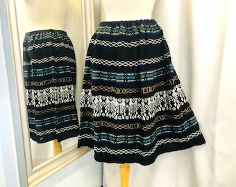 Vintage 1980s 80s Woven Patterned Mexican Skirt Black Skirt with Geometric Design Ethnic Style Made in Mexico Size S M Drindl Skirt