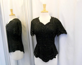 Vintage 1980s 80s Black Beaded Top by Stenay Dynasty Style Dressy Top 80s Fashion 80s Look 80s Party Wear Evening Blouse Size S - M