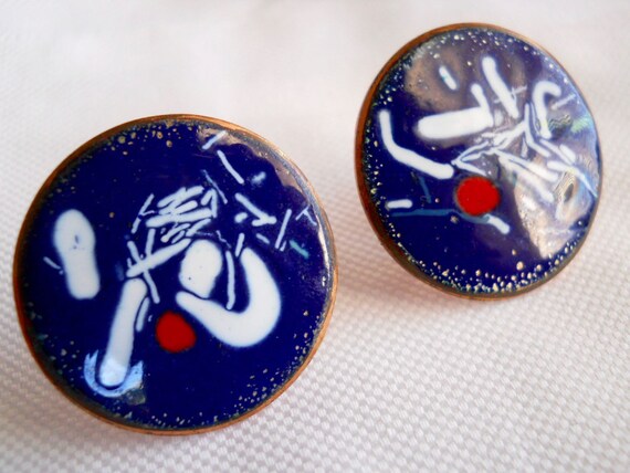 Vintage 1950s 50s Blue Button Earrings Enamel and… - image 3