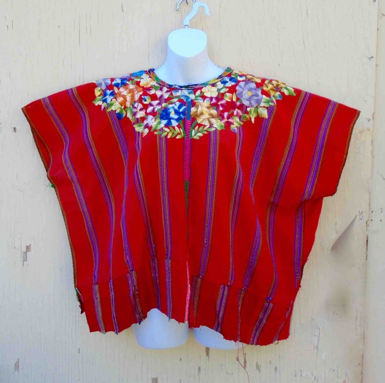 Vintage Seventies Guatemalan / Central American Red Floral Hand Made Embroidered Huipil or Blouse / Folk Ethnic Tribal Clothing image 1
