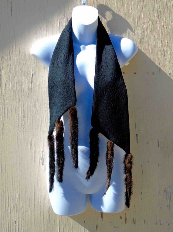 Vintage Fifties Black Scarf or Wrap with Long Bro… - image 1