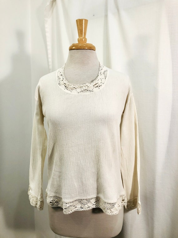 Vintage 1970s 70s Ivory Gauze Blouse with Cotton … - image 2