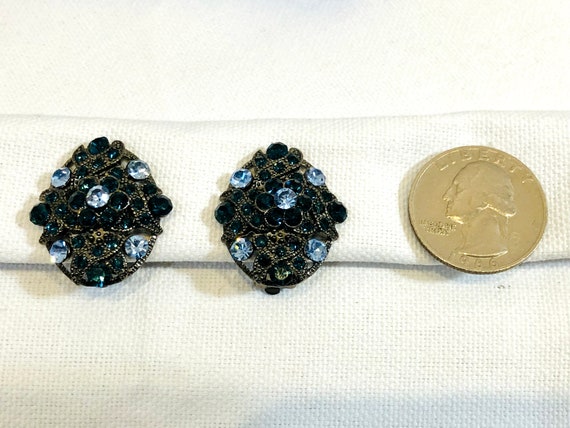 Shades of Blue Rhinestone Earrings Clip On Vintag… - image 10
