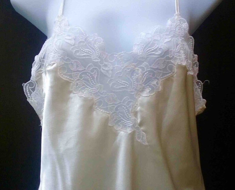 Vintage Nineties Ivory Satin Teddy with Lace Trim from Victorias Secret Size L Lingerie