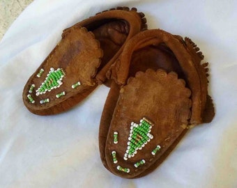 Vintage Seventies Tiny Brown Hand Made Baby /Infant Suede Moccasins with Green and White Beadwork / Southwestern  Look and Style