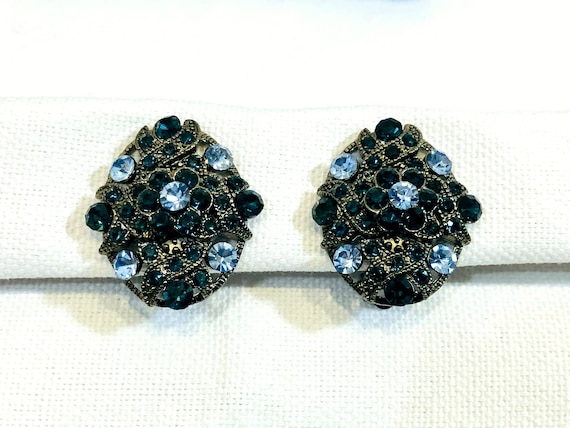 Shades of Blue Rhinestone Earrings Clip On Vintag… - image 1