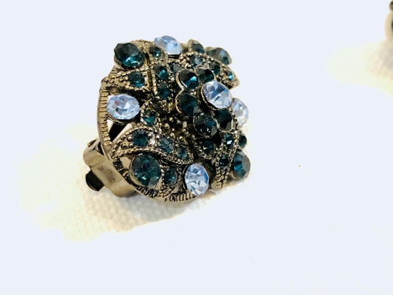 Shades of Blue Rhinestone Earrings Clip On Vintag… - image 6