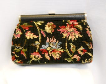 Vintage 1950s 50s Needlepoint Clutch Purse Big Clutch Dark Floral Needlepoint Purse No Handles 50s Accessories Large Purse Black Floral Bag