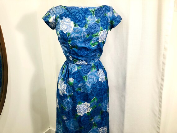 Vintage 1950s 50s Blue Floral Wiggle Dress 50s Fas